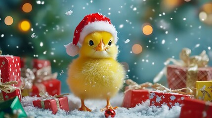 A cheerful chick surrounded by gifts, embodying the holiday spirit.