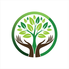 Obraz premium Human Hands and Tree Logo with Green Leaves Vector Illustration