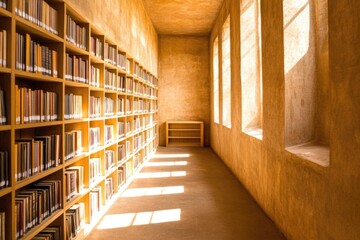 Sunlit library interior with tall bookshelves and large windows