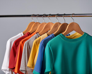 Obraz premium A stylish display of colorful t-shirts on a wooden rack against a gray backdrop