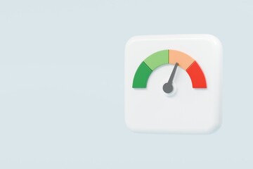 3d Speedometer icon. Minimal Status Speedometer with arrow scale gauge. Green, Yellow, Orange, Red Status color or low, medium, high arrow scale performance status icon. Credit rating score. 3d render