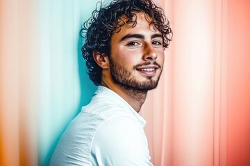 Fototapeta premium Young caucasian adult male smiling against colorful background