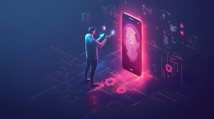 Abstract glowing fingerprint scanner surrounded by holographic icon and futuristic digital security pattern