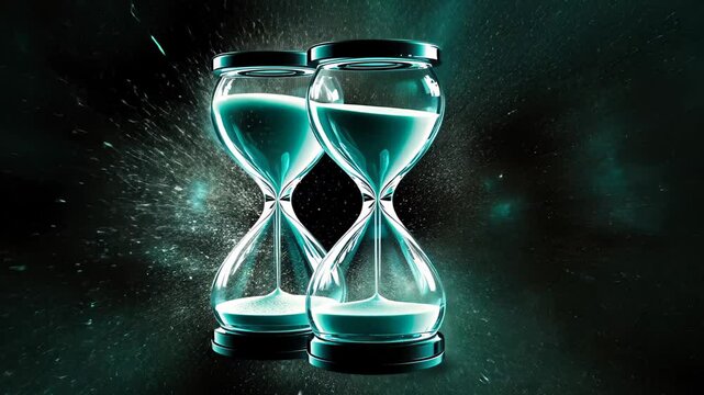 Hourglasses with vibrant blue sand surrounded by an explosive backdrop of color and light