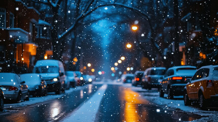 Fototapeta premium snowy neighborhood street at night with soft snowflakes falling, illuminated by streetlights and lined with parked cars, creating serene winter atmosphere