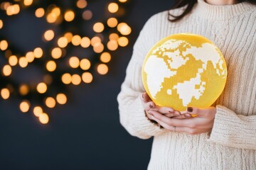 Female holding yellow globe with earth pattern against blurred lights