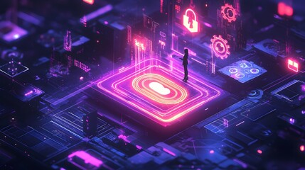 Digital neon fingerprint security concept in a glowing cyberpunk environment with abstract lights and holographic visuals