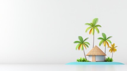 Obraz premium A tropical island scene featuring a thatched-roof hut and palm trees.
