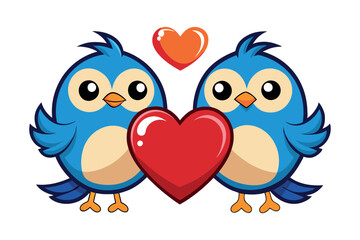 cute blue birds in love with hearts - romantic cartoon illustration