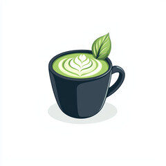 matcha latte in black cup with leaf garnish, showcasing vibrant green colors and intricate latte art. Perfect for tea lovers and e enthusiasts