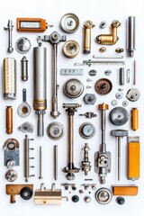 Assorted vintage mechanical parts arranged neatly.