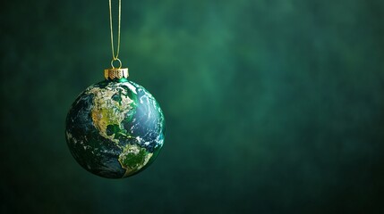 Eco-Friendly Christmas Ornament Shaped Like Mother Earth, Hanging Green Planet Ball for Holiday Eco-Awareness Design, Stop Overconsumption, Copy Space.