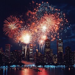 Dynamic fireworks display over city with vibrant colors and textures