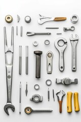 Assorted metal tools and fasteners arranged neatly.
