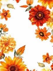 Autumnal Floral Frame: Watercolor Sunflower & Dahlia Design - Watercolor floral border, autumn colors, sunflowers, dahlias, fall leaves, elegant design, greeting card.