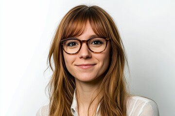 Obraz premium Smiling woman, long brown hair, glasses.