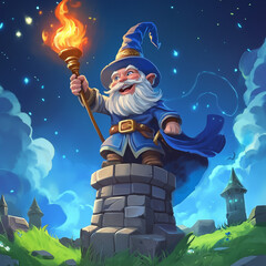 G aesthetics, mobile game icon of an old wizard with pointy hat and blue robe holding up his magic torch while standing on top of the tower he just built. He is smiling happily as he sees how well it 