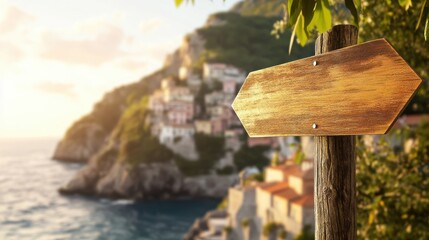 wooden signpost with blank arrow points toward scenic coastal village, surrounded by lush greenery and overlooking sea under warm sunlight