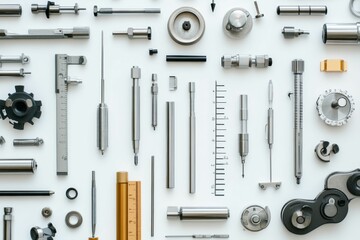 Obraz premium Precision metal tools and components arranged neatly.