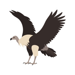 Flat vector illustration of a stylized vulture with dark brown body, bald head, and large wings, minimalistic design, plain white background