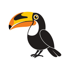 Flat vector illustration of a stylized toucan with black body, orange-yellow beak, and sleek wings, minimalistic design, cartoonish style, plain white background