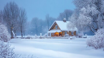 Cozy Winter Cottage in Snowy Landscape - Winter wonderland, snowy cottage, peaceful scene, warm light, serene atmosphere.