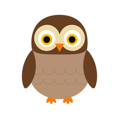 Flat vector illustration of a stylized owl with brown body, yellow eyes, and orange beak, minimalistic cartoon design, plain white background