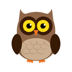 Flat vector illustration of a stylized owl with brown body, yellow eyes, and orange beak, minimalistic cartoon design, plain white background