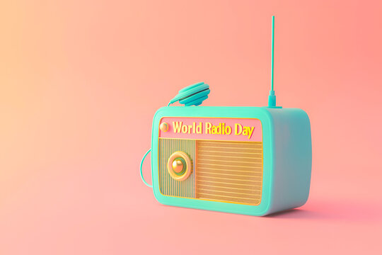 Text World Radio Day on blue radio on pastel pink background - Powered by Adobe