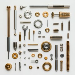 Assorted metallic gears, tools, and parts.