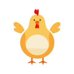 Flat vector illustration of a simple yellow chicken with red comb and orange beak, minimalistic design, modern style, plain white background