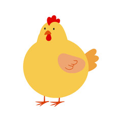 Flat vector illustration of a simple yellow chicken with red comb and orange beak, minimalistic design, modern style, plain white background