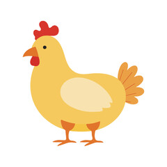 Flat vector illustration of a simple yellow chicken with red comb and orange beak, minimalistic design, modern style, plain white background