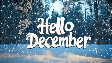 White letters "Hello December" on snowy winter forest background