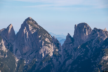 Scenic view of pristine rugged mountain peaks of Western Julian Alps, Italy, Europe. Wild hiking...