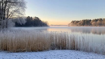 Fototapeta premium A serene winter lake view with frost-rimmed reeds in the foreground and mist over the water