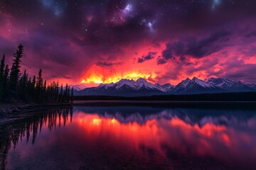 Fototapeta premium Fiery Sunset over Majestic Mountains and Serene Lake - Breathtaking sunset, snow-capped mountains, tranquil lake, starry night sky, nature's beauty.