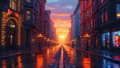 Naklejka premium Sunset City Street Rainy Night Wet Asphalt Urban Landscape