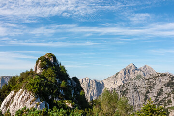 Scenic view of pristine rugged mountain peaks of Kanin massif, Julian Alps, Italy, Europe. Wild...