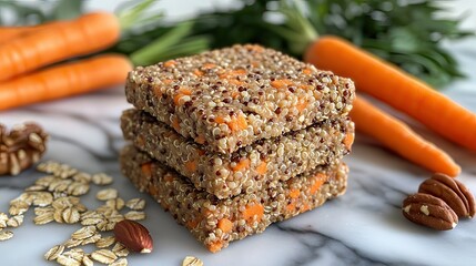 Healthy snack bars made with oats, nuts, and carrots, surrounded by fresh ingredients.