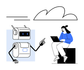 Robot gesturing person on laptop, cloud symbol overhead. Ideal for technology, AI, communication, cloud computing, innovation, digital learning, future. Line metaphor