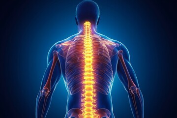 Human Spine Anatomy: Posterior View - Detailed anatomical image of the human spine, showcasing vertebrae, ribs, and shoulder blades.  Concepts: health, anatomy, wellness, medical, skeletal
