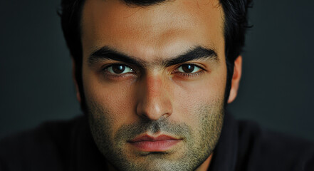 Fototapeta premium Intense Male Portrait: Strength, Mystery, and Confidence - Captivating gaze, strong features, serious expression. Symbolizes: power, determination, masculinity, mystery, confidence.