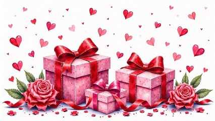 A collage of gift boxes, hearts, ribbons, and petals, creating a festive and romantic atmosphere, gift, surprise for your beloved, card, poster, wallpaper,valentine's day, love