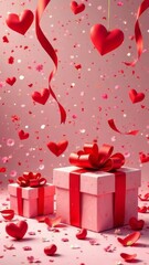 Obraz premium A collage of gift boxes, hearts, ribbons, and petals, creating a festive and romantic atmosphere, gift, surprise for your beloved, card, poster, wallpaper,valentine's day, love