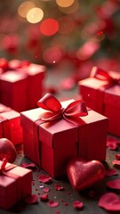 A collage of gift boxes, hearts, ribbons, and petals, creating a festive and romantic atmosphere, gift, surprise for your beloved, card, poster, wallpaper,valentine's day, love