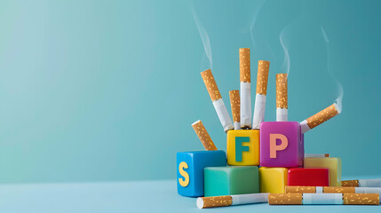 Obraz premium Studio shot of cigarettes and colorful cubes with letters isolated on blue, stop smoking concept