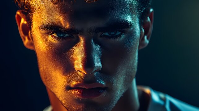 Close-up portrait of intense young athlete with sweat on face under dramatic lighting