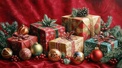 Elegant vertical Christmas scene featuring beautifully wrapped gifts and colorful ornaments on a vibrant red background creating a festive holiday atmosphere