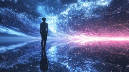 Obraz premium Man Contemplating the Cosmos: A Journey into the Unknown - Man, future, space, reflection, journey. A lone figure contemplates a vibrant, cosmic landscape, symbolizing exploration, potential, and the
